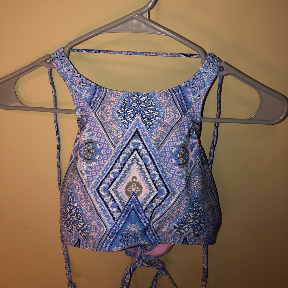 Blue and pink patterned halter bikini top